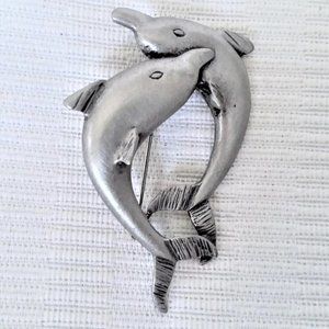 Vintage Dolphin Brooch Pewter Pin Porpoises Silver 80's Retro Ocean Sea Love